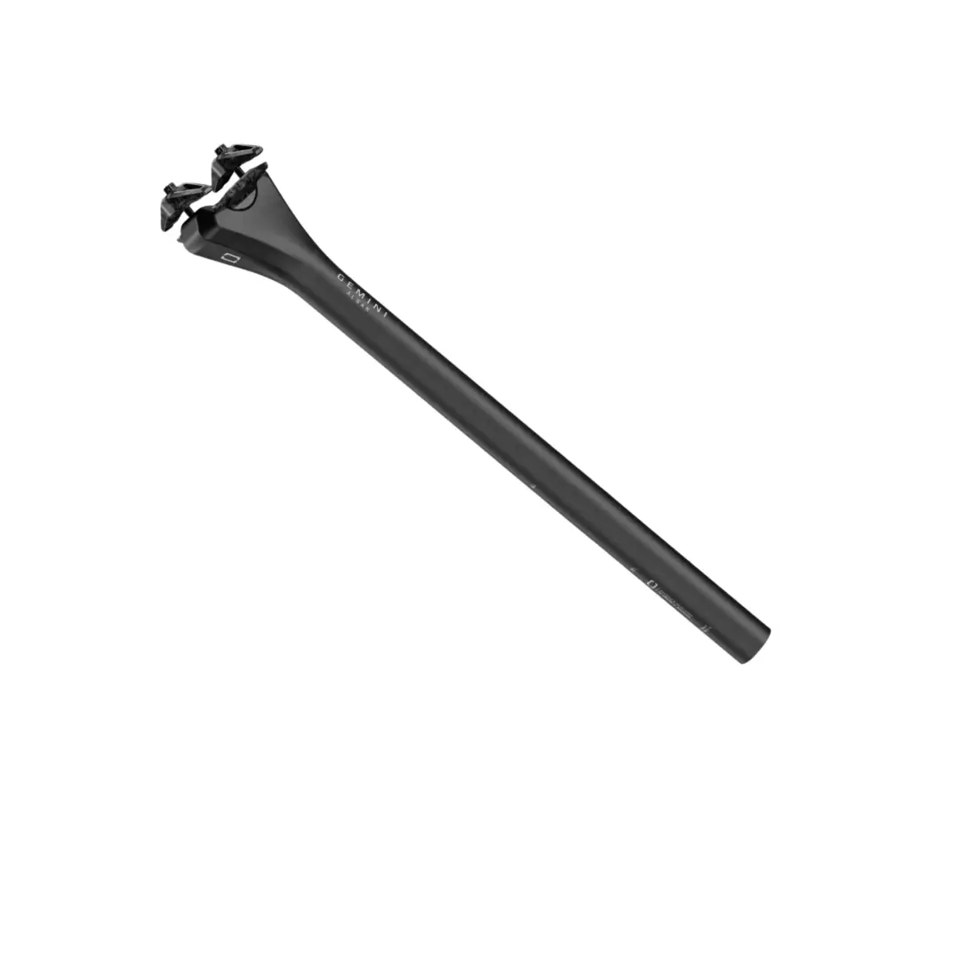 Close-up of a black bicycle seatpost with a dual-saddle clamp on top, set against a white background.