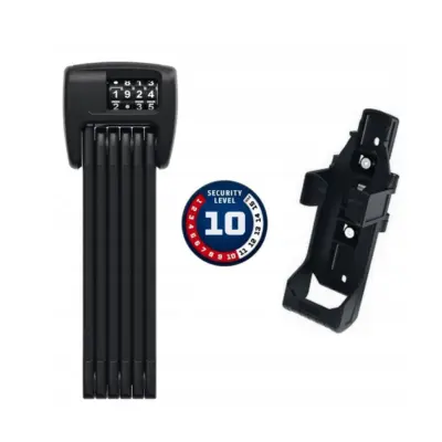 Abus-Bordo-6000C90-koodillinen-taittolukko-1 | Black five-dial combination lock with a retractable shackle and a separate mounting bracket; shows a Security Level 10 badge nearby