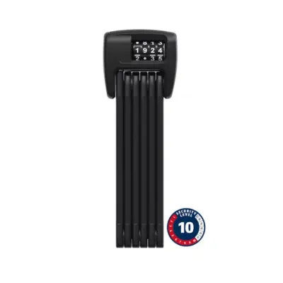 Abus-Bordo-6000C90-koodillinen-taittolukko | Black mechanical combination lock with six vertical locking bars and a numeric top dial; features a circular security level 10 badge nearby.
