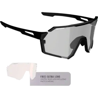 Sport sunglasses with a gray tinted lens and black frame, plus an extra pink-tinted lens and packaging that reads 'Free extra lens'