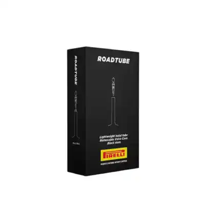 Black rectangular product box with ROADTUBE branding and a Pirelli logo on the lower front panel; text indicates lightweight butyl tube with removable valve core, black stem design