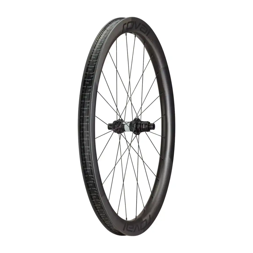 Close-up of a black Roval road wheel with a deep-section rim and radial spokes against a white background.