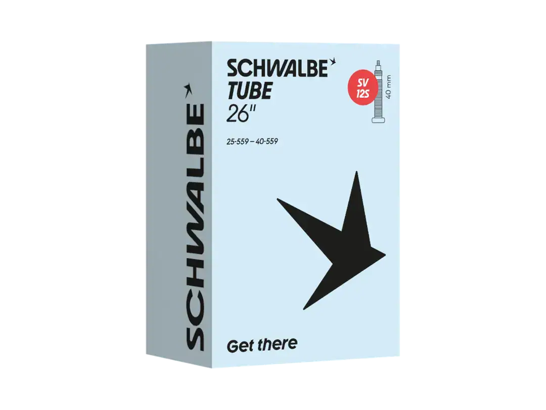 Product image of Schwalbe tube 26'' box with a blue front, grey spine reading SCHWALBE, a large black star, and a red SV125 label on the top right.