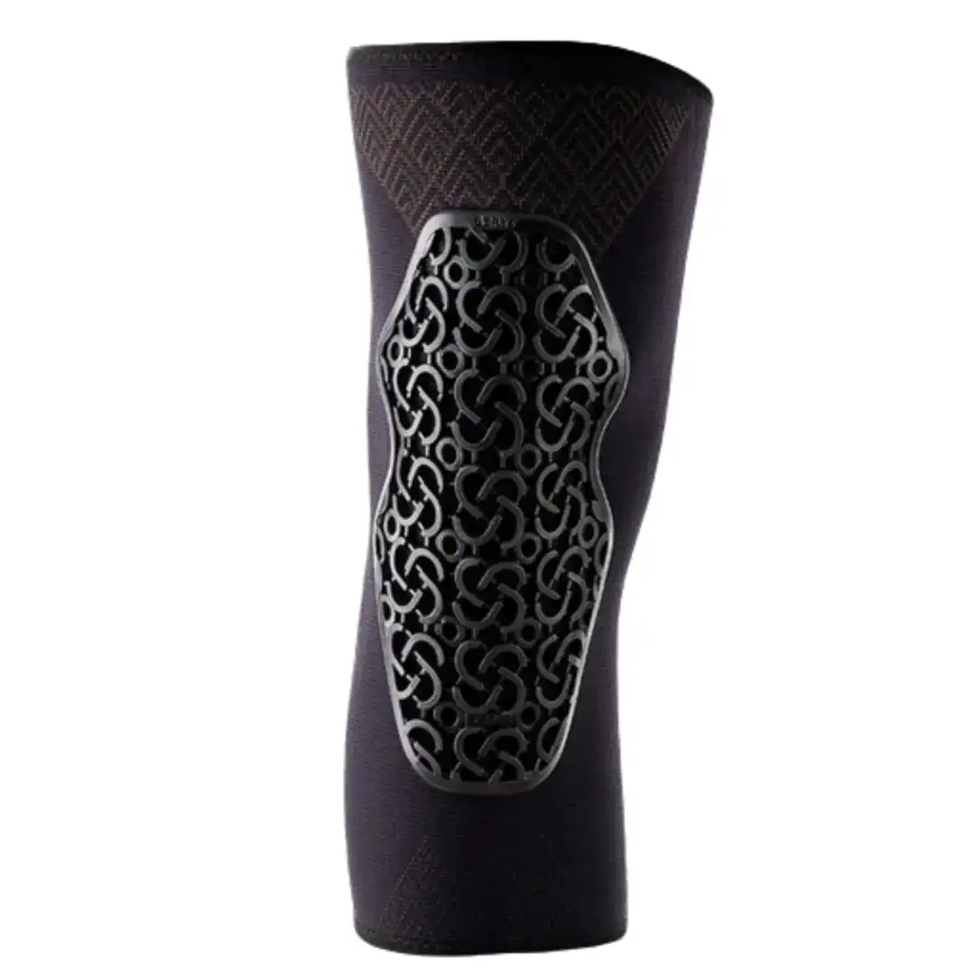 Black compression leg sleeve with a dark geometric lattice pattern and protective pad area near the knee/upper shin