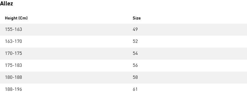Allez size chart: height ranges (cm) mapped to EU sizes: 155–163→49, 163–170→52, 170–175→54, 175–183→56, 180–188→58, 188–196→61