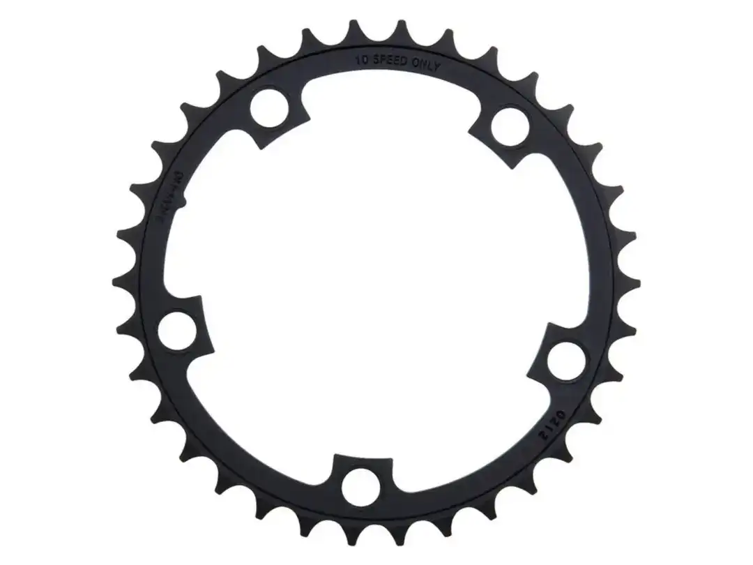 Black circular bike chainring with teeth around the edge and four bolt holes; labeled '10 SPEED ONLY' along the rim.