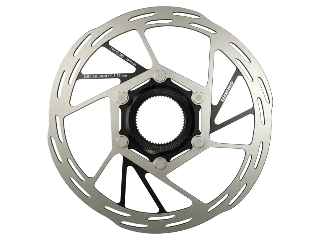 Silver bicycle disc brake rotor with a black central hub and ventilated slots in the outer ring