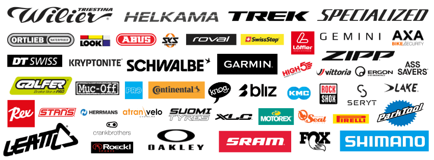 Collage of bicycle brand logos, featuring Trek, Specialized, Shimano, SRAM, Zipp, Garmin, Schwalbe, Leatt, Oakley, Lezyne, and many others.