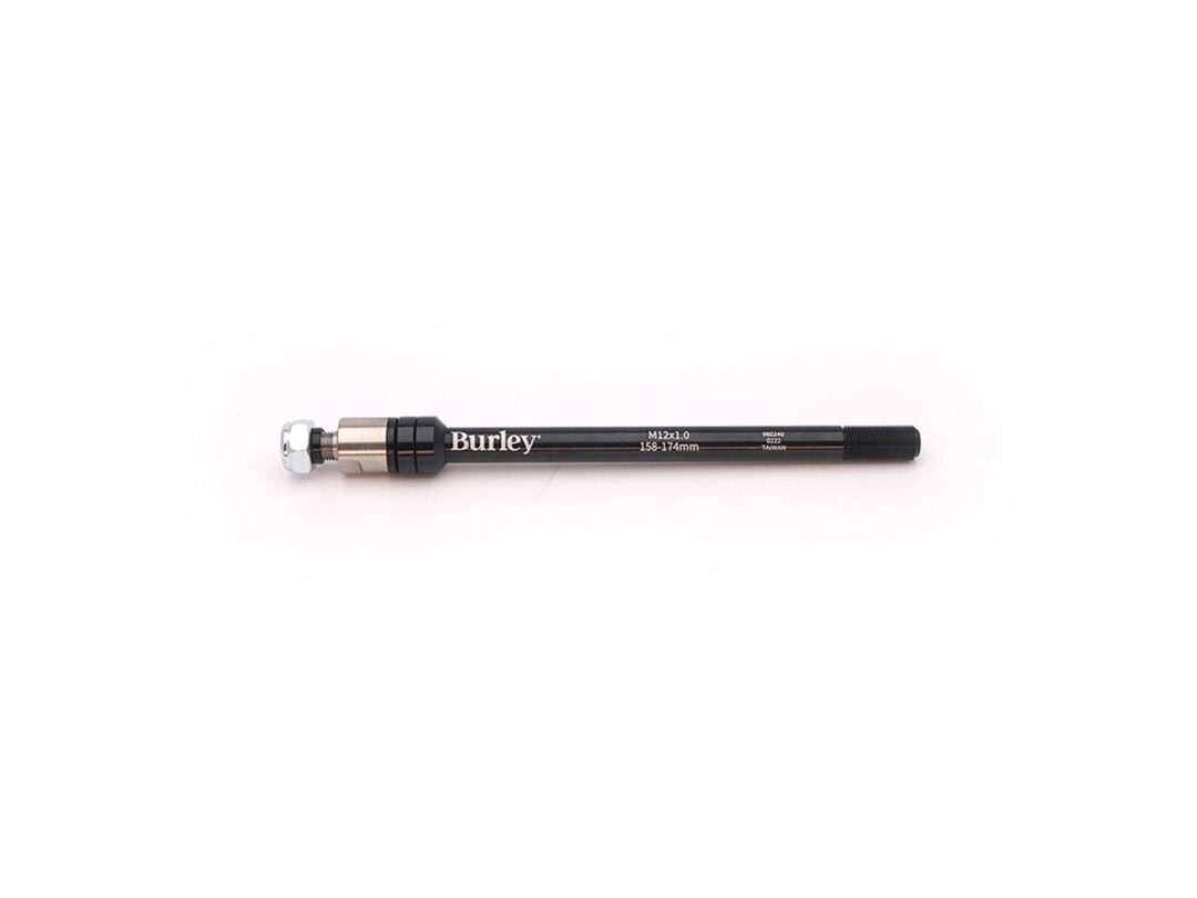 Black Burley-branded valve adapter with metal fittings at each end on a white background, lying horizontally