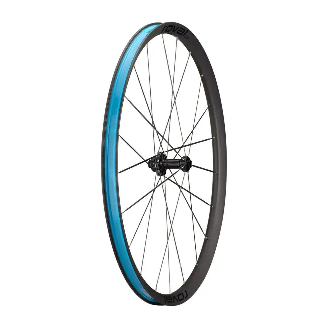 Rear bicycle wheel with a turquoise rim, black tire, exposed spokes and hub (partial view).