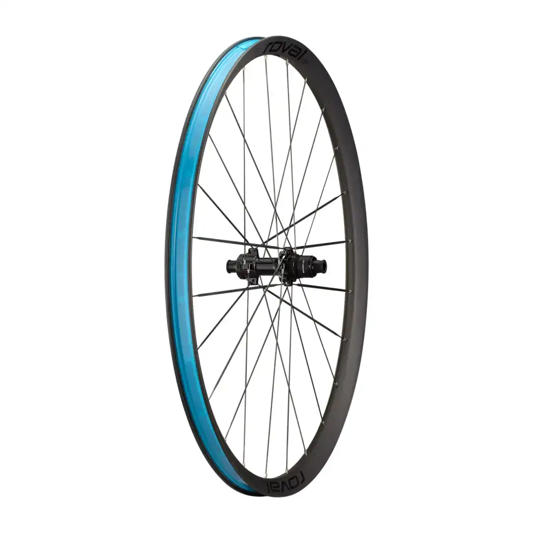 Front bicycle wheel with a blue rim tape and black tire, spokes and hub visible.
