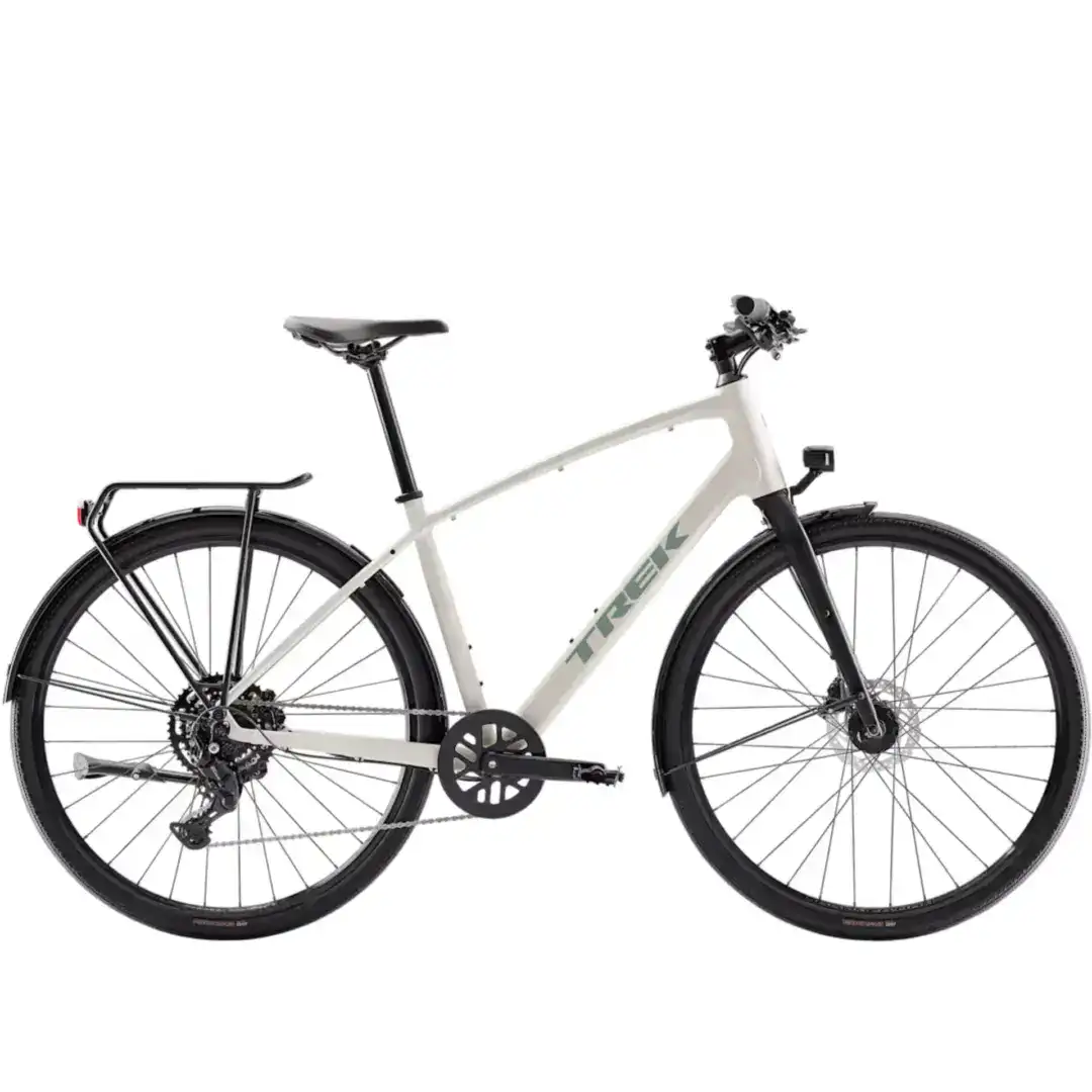 Partial view of a white city bicycle showing the saddle, frame, handlebar area, front fork, and wheels.