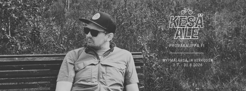 Promotional banner in grayscale with a man in sunglasses and a cap sitting on a bench; text on the right advertises a summer sale and dates.
