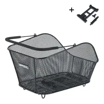 Black metal bicycle basket with a mesh design and BASIL label; includes mounting hardware in the corner for front-wheel installation