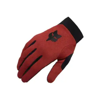 Red glove with a black cuff and a small black logo on the back of the hand, isolated