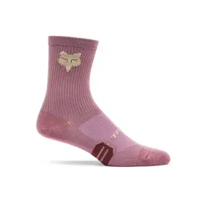 Pink mid-calf athletic sock with ribbed cuff, beige fox logo on the cuff, and reinforced heel and toe patches.
