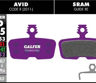 Pair of purple Galfer brake pads with one pad showing the grey friction surface, plus a small silver retention clip; left shows a product label with dimensions.