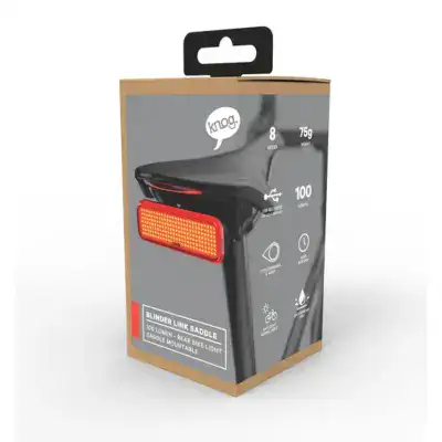 Rear bike light on packaging, red LED panel visible, with product name 'BLINDER LINK SADDLE' on label (box packaging)