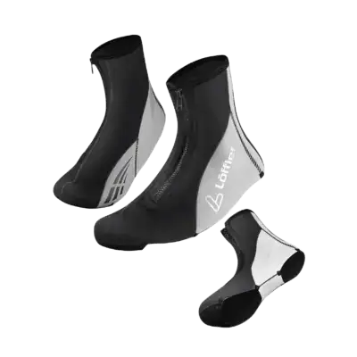 Set of black and gray neoprene wetsuit booties with side zippers, shown from multiple angles for a pool or diving kit.