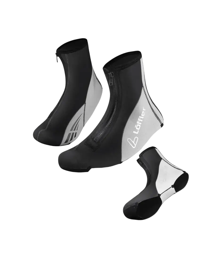 Set of black and gray neoprene wetsuit booties with side zippers, shown from multiple angles for a pool or diving kit.