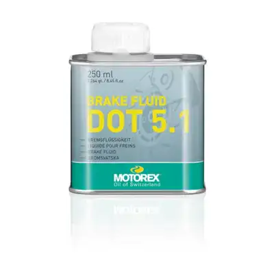 Brake fluid container labeled DOT 5.1, 250 ml, Motorex Oil of Switzerland with white cap and teal label