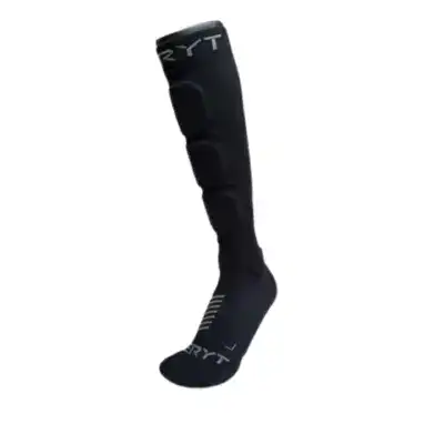 Close-up of a black athletic sock with white branding along the cuff area.