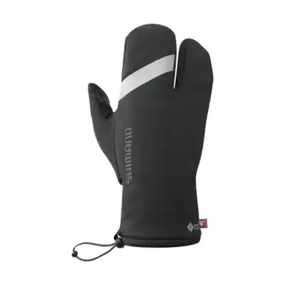 Black Shimano cycling mitten with a gray reflective stripe, drawcord at the cuff, and a textured palm for grip