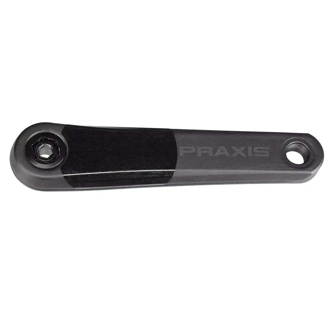 Close-up of a black Praxis bicycle crank arm showing a hex bolt and circular hole at the end.