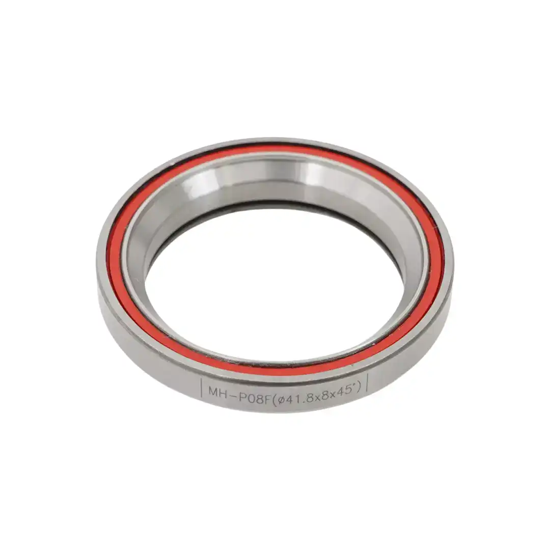 Close-up of a metal bearing with an orange seal and engraved model text MH-P08F(Φ41.8×8×45°) on the rim