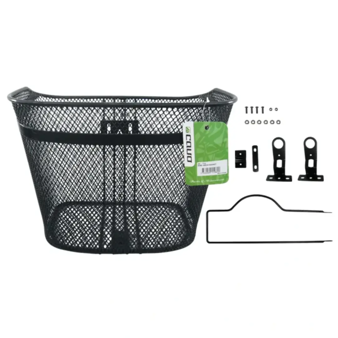 Black metal mesh bicycle front basket with mounting brackets and hardware laid out beside it