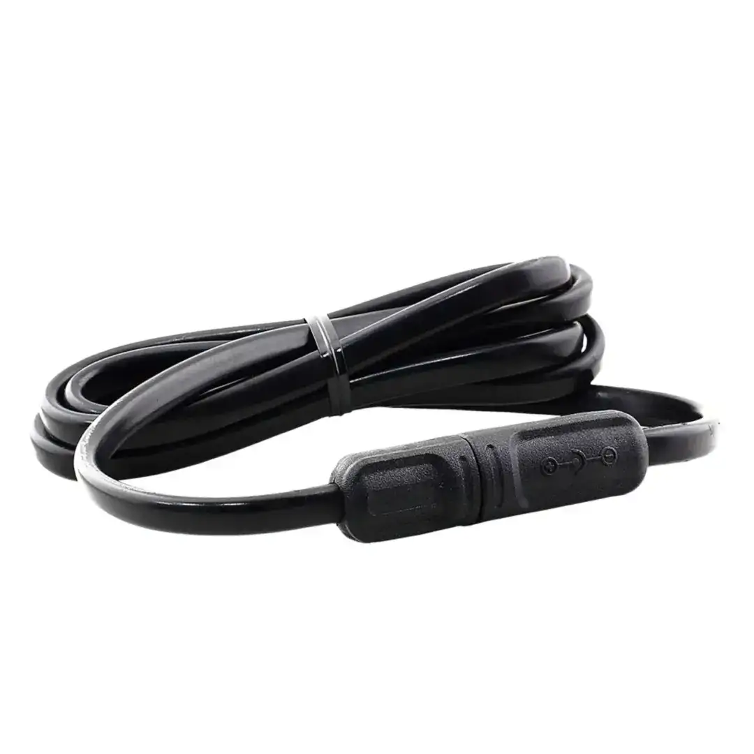 Coiled black cable with an inline control module featuring two buttons