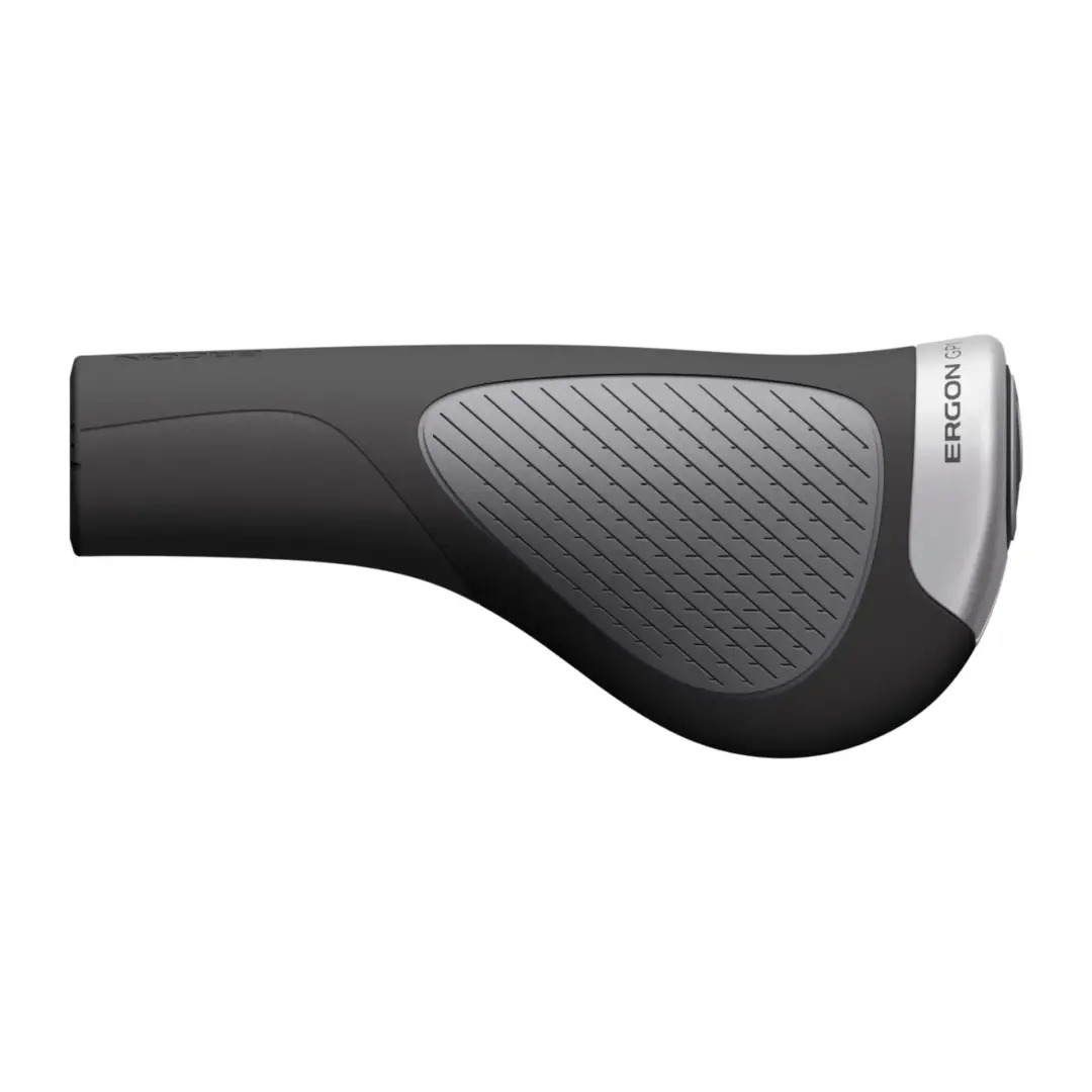 Close-up of a black ergonomic handle with a textured gray grip panel and a silver end cap marked ERGON GRIP.