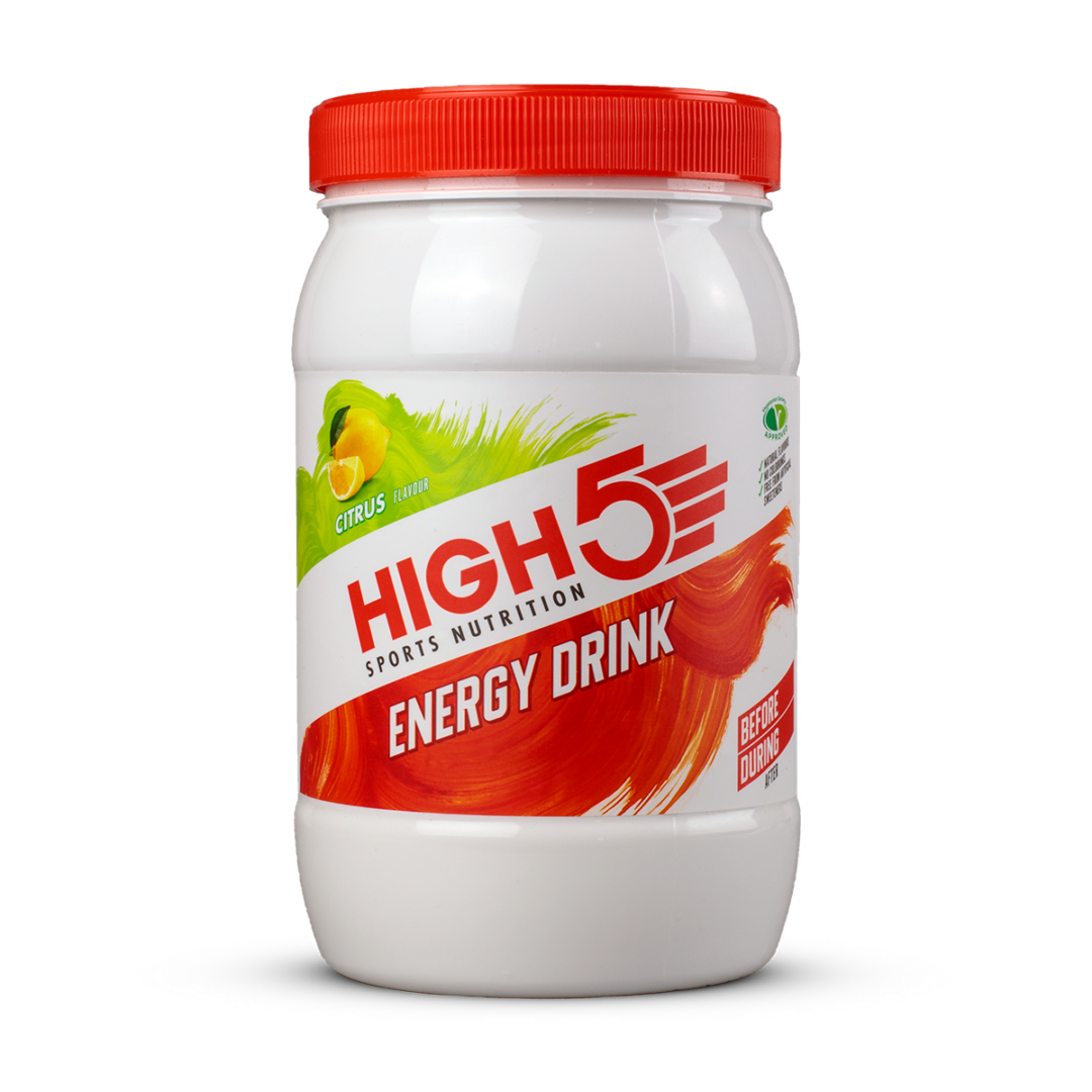 High5 Energy Drink bottle with red cap, citrus flavor label and bold red branding