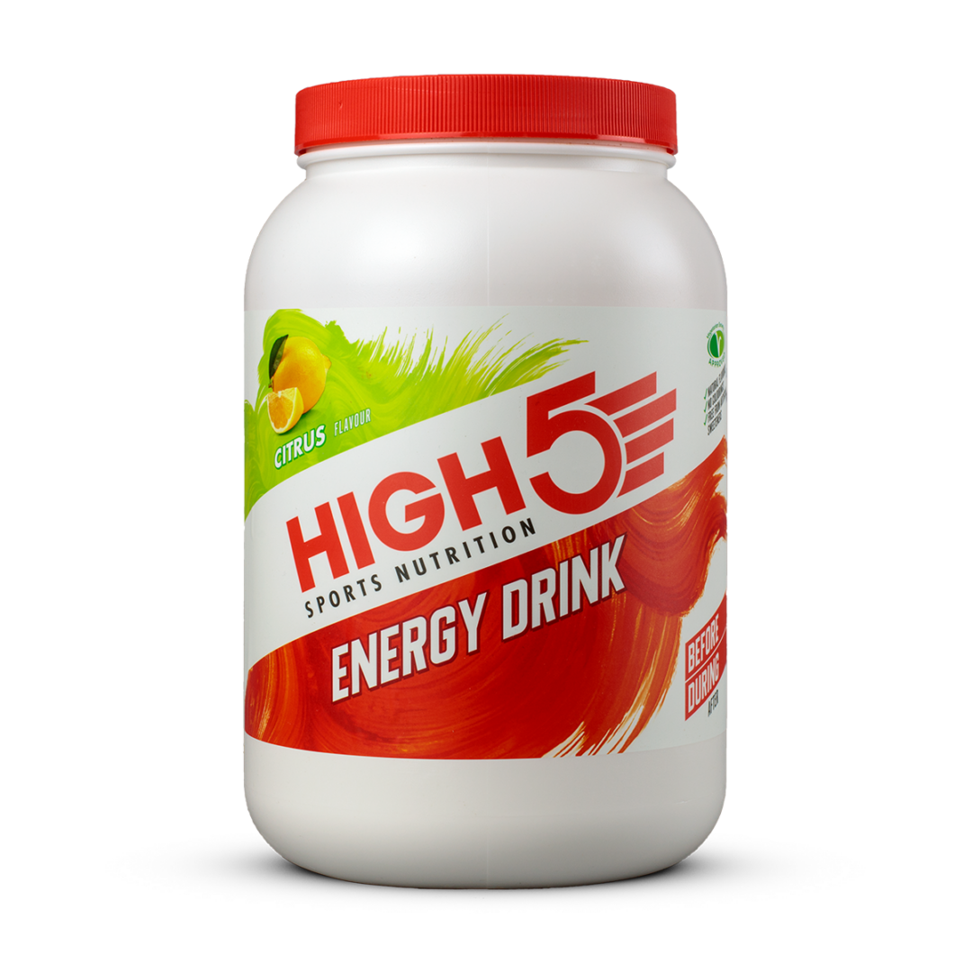 White plastic bottle with red cap labeled HIGH5 Energy Drink, citrus flavor graphics on the front.