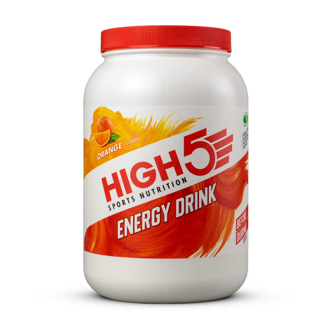 High5 Energy Drink container (orange flavor), white bottle with red cap and bold orange-red label artwork.