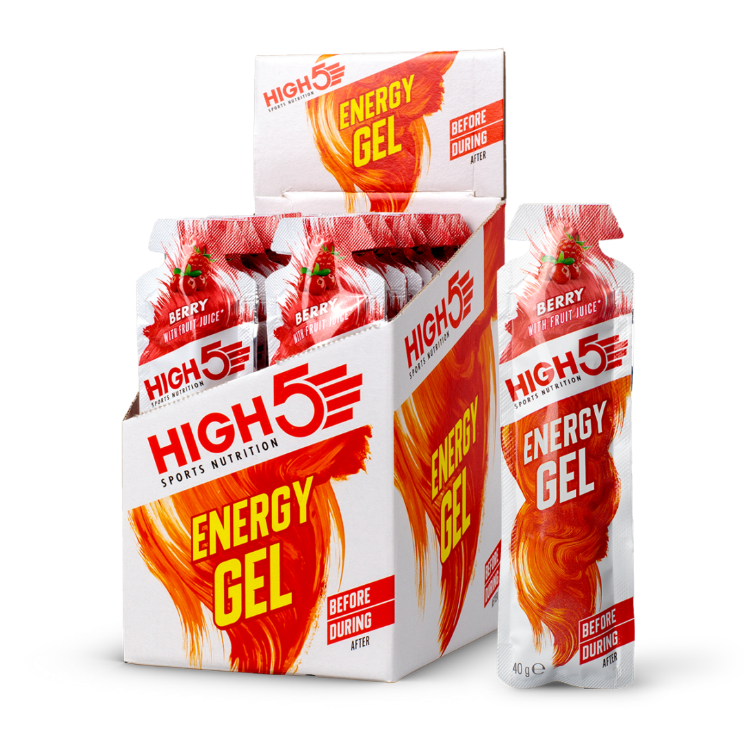 Box and multiple High5 Energy Gel sachets for berry-flavored sports nutrition, with bold red/orange graphics and 'BEFORE DURING AFTER' labels.