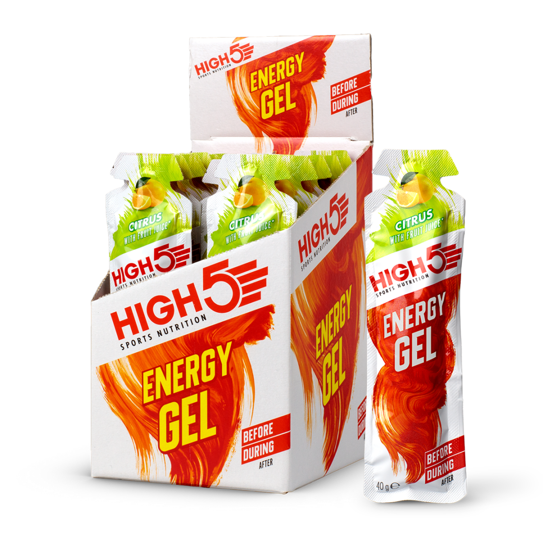 Box of High5 Energy Gel sachets with citrus flavor in a white display box for athletics.