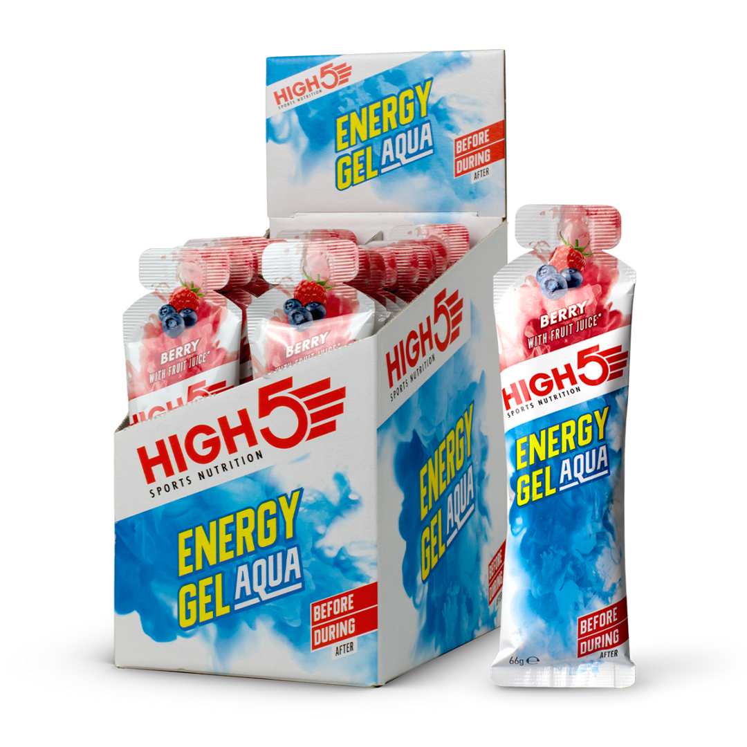 High5 Energy Gel Aqua berry flavor packets in a display box with blue-white packaging and berry imagery.