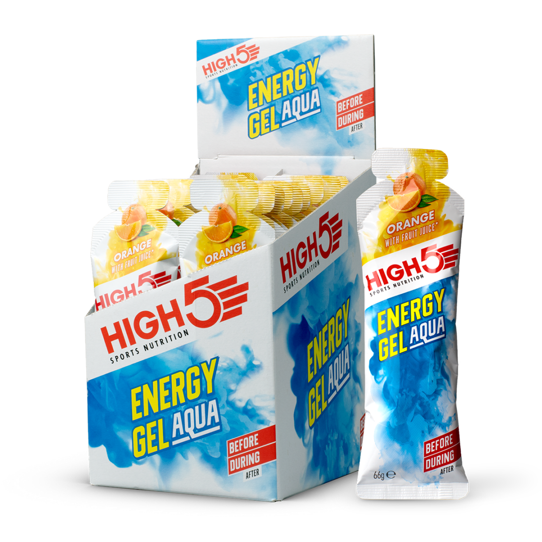 Box of HIGH5 Energy Gel Aqua sports nutrition with orange flavor, multiple gel sachets in a display box
