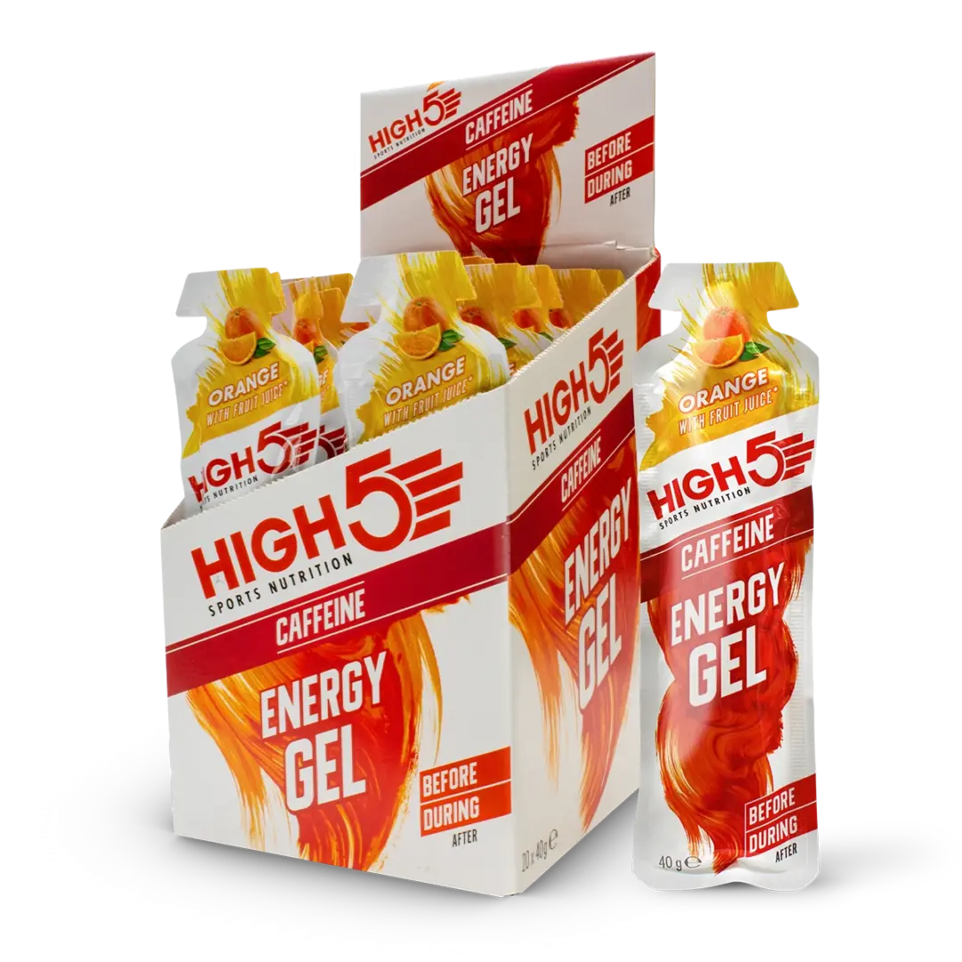Box and individual energy gel sachets labeled HIGH5 Energy Gel with caffeine, orange flavor, before/during/after use setup for sports nutrition