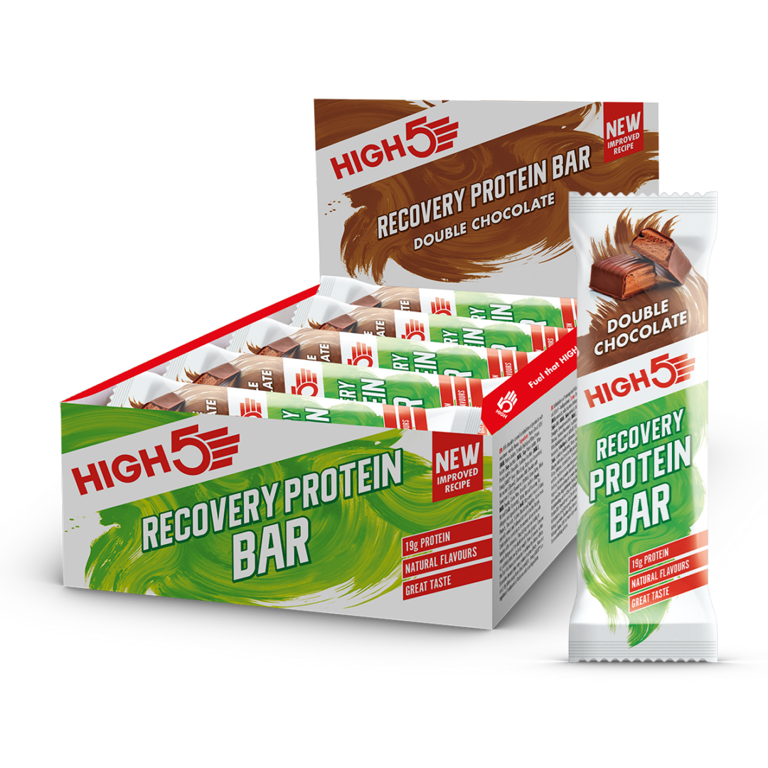 Display box of High5 Recovery Protein Bars with green-wrapped bars inside and a standalone double chocolate bar package beside it.