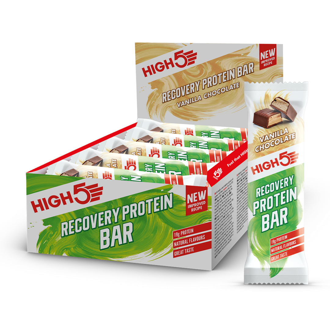 High5 Recovery Protein Bar product display with vanilla chocolate flavor bars in a green-and-white box and a standing bar pack nearby