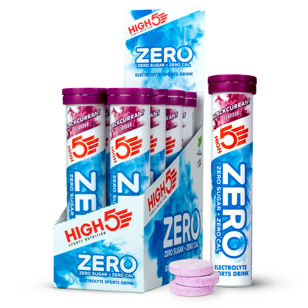 Assorted High5 Zero electrolyte sport drink tubes and a tall bottle, all labeled Blackcurrant flavor, zero sugar and zero cal