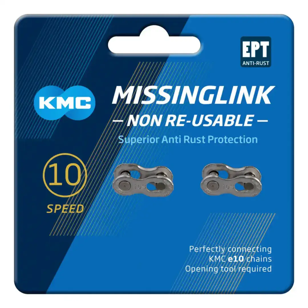 Blue KMC MissingLink packaging for a non-reusable bicycle chain connector, with EPT Anti-Rust badge and two metal links visible
