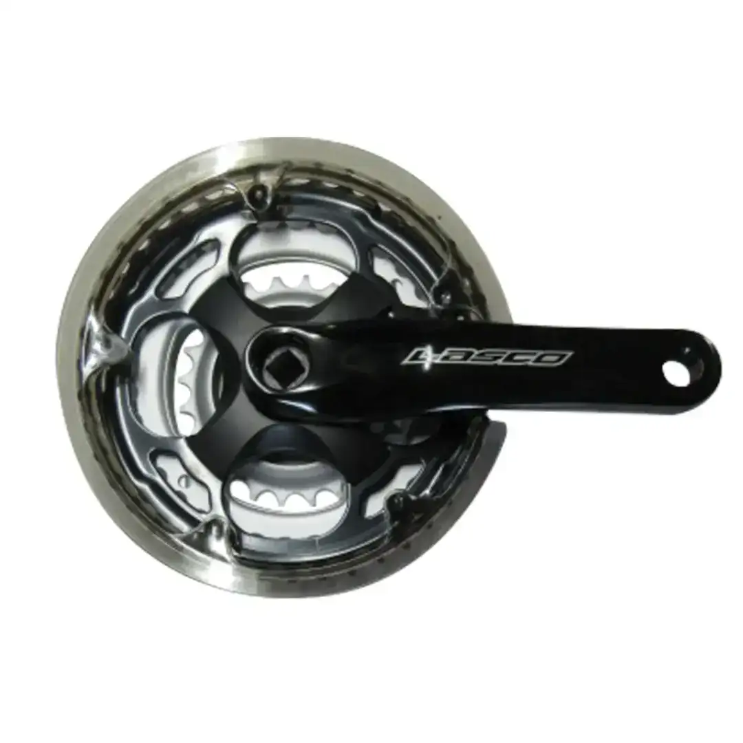 Close-up of a bicycle crank and chainring, showing teeth and a black crank arm partially in view