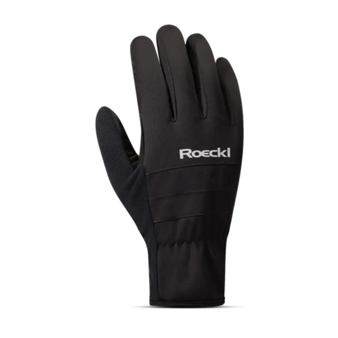 Close-up of a black Roeckl winter glove with visible branding on the cuff