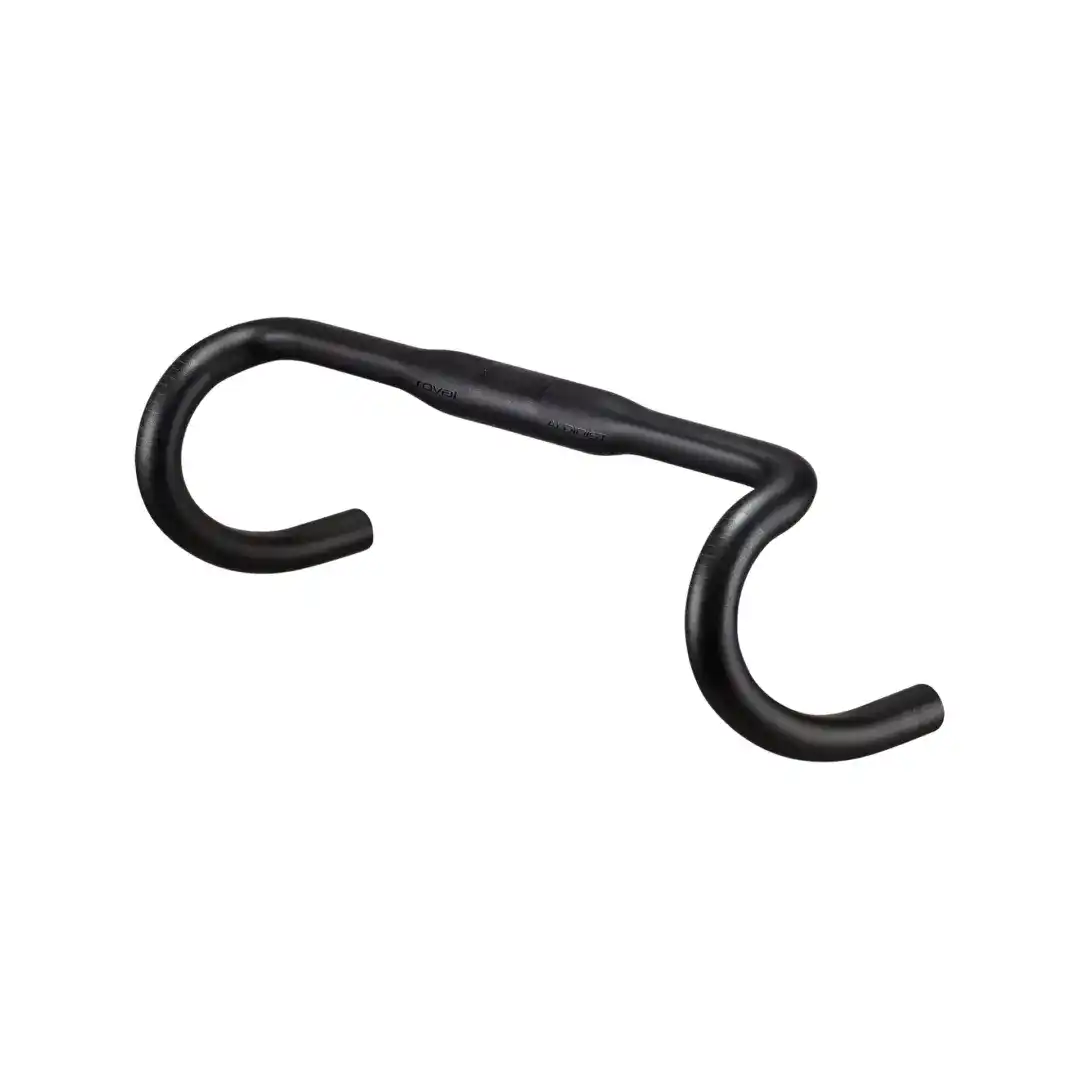 Close-up of a black curved road bike handlebar against a white background.