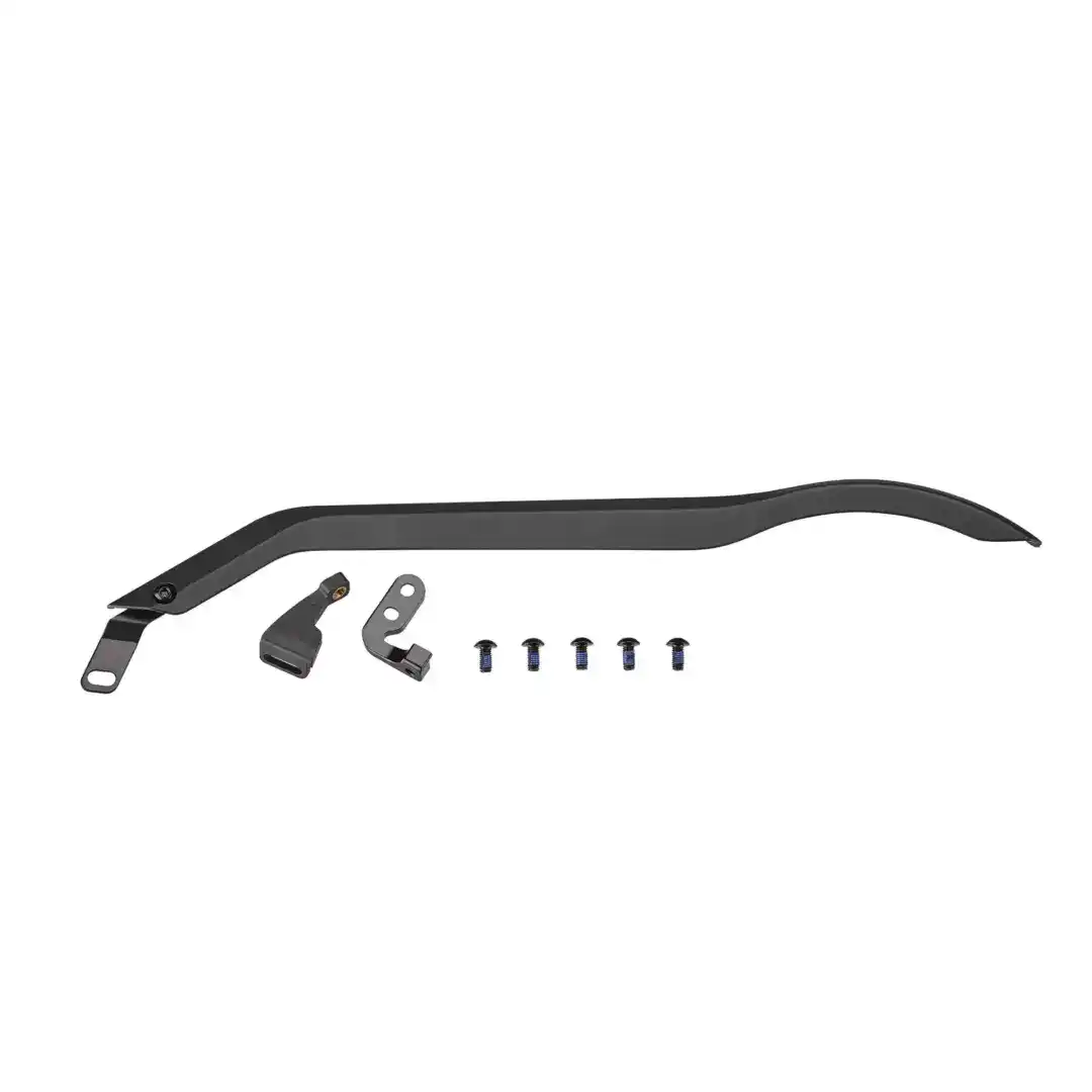 Disassembled metal mounting kit with curved black strips, various brackets and screws on a white background.