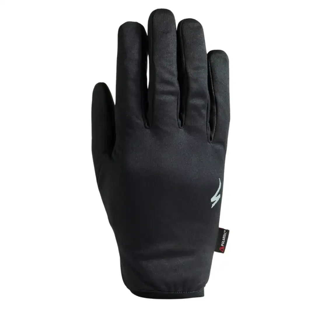 Black insulated glove raised, showing smooth fabric and small logo tag near the wrist.
