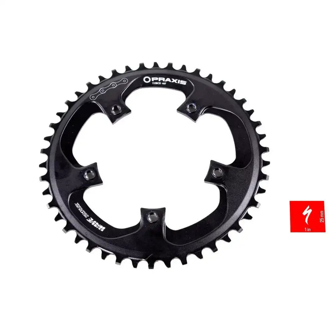 Black Praxis bicycle chainring, 110 BCD, 46T, shown against a white background with cutouts and mounting holes visible on the inner ring.